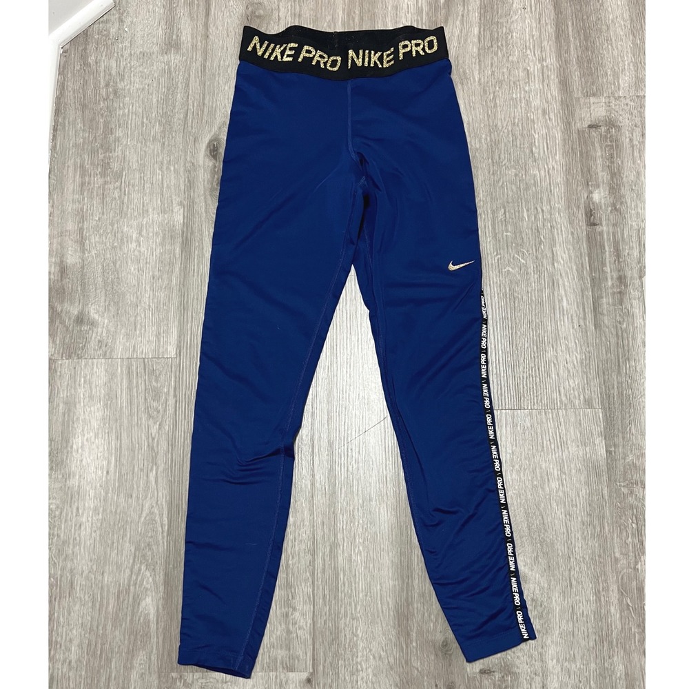 Nike Pro Dri Fit Royal Blue Athletic Leggings Women's Small Glitter Logo